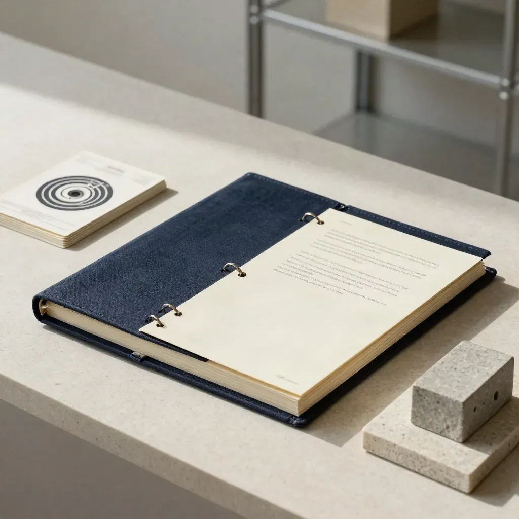 Navy pitch binder, target cards, terms sleeve and small architectural model on limestone.