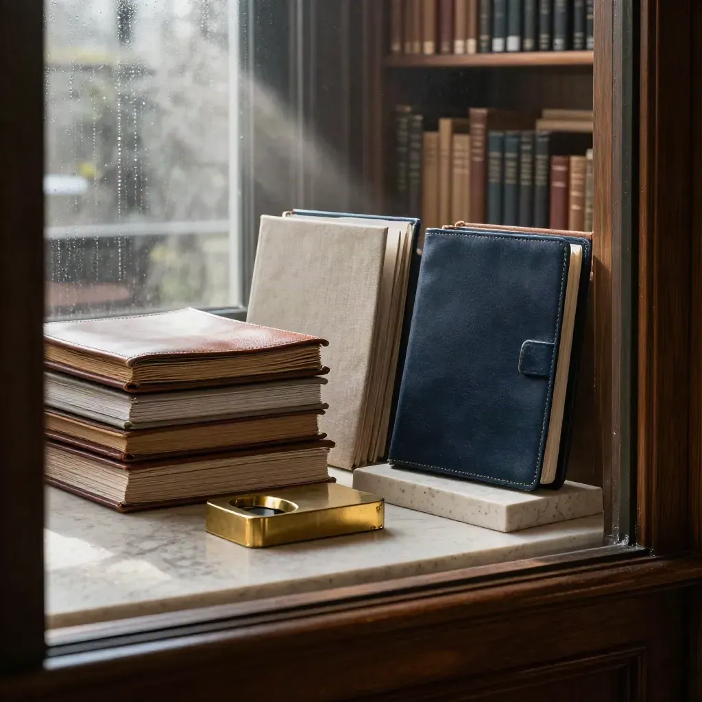 Rain-lit capital advisory library with folders, leather portfolios, brass paperweight, and model on stone plinth.