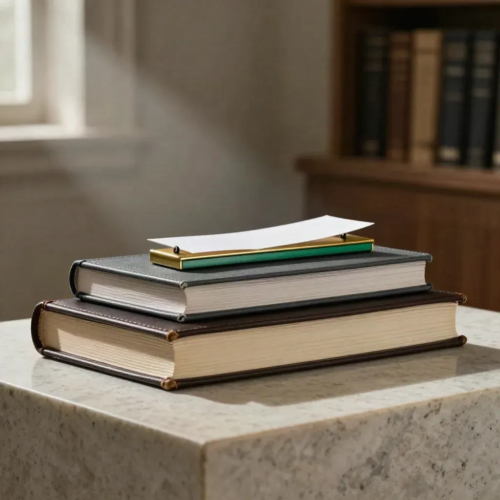 Low-angle finance still life with bound debt volumes, paperweight, spacer and brass shim on travertine.