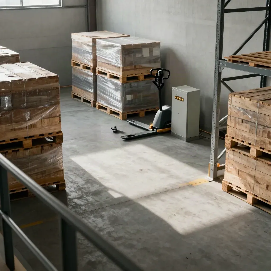 Tidy industrial unit with clear floor lanes, crates, pallet jack and warm daylight haze.