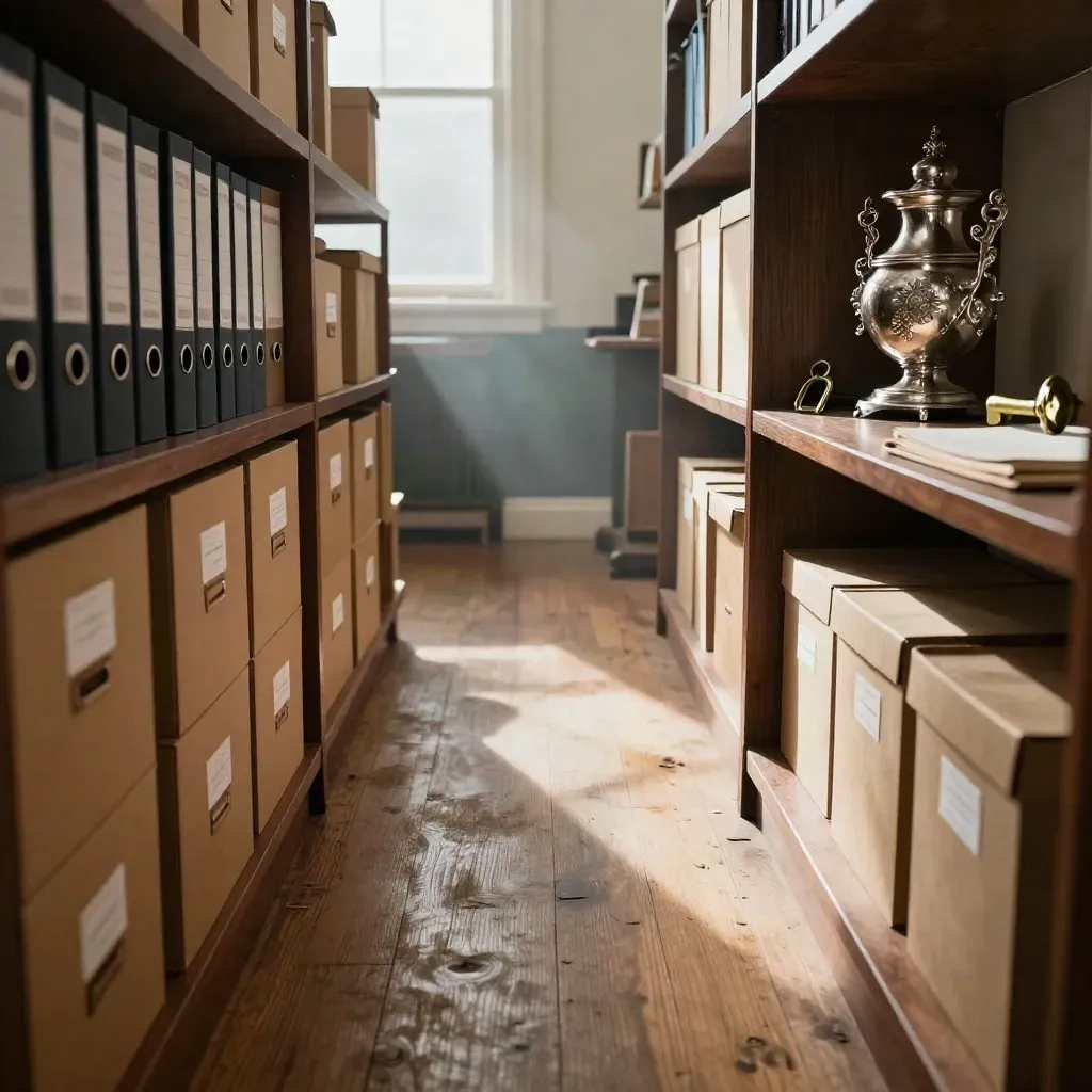 Archive boxes and heirloom object in a cleared heritage office corner, lit by warm afternoon haze.