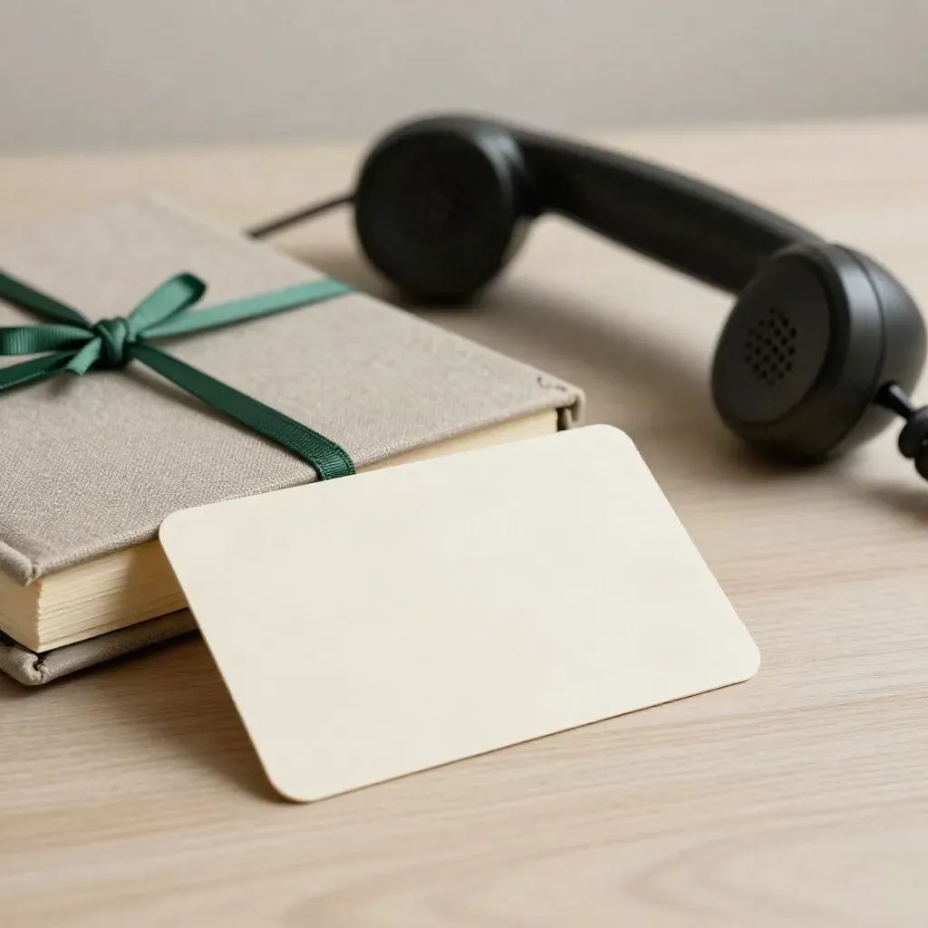 Cream calling card, closed notebook, and black phone handset on pale wood