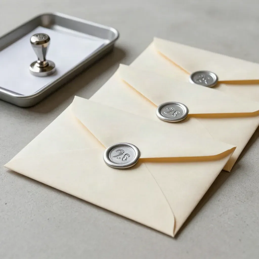 Sealed outreach envelopes, stamp block and dispatch tray on pale concrete.
