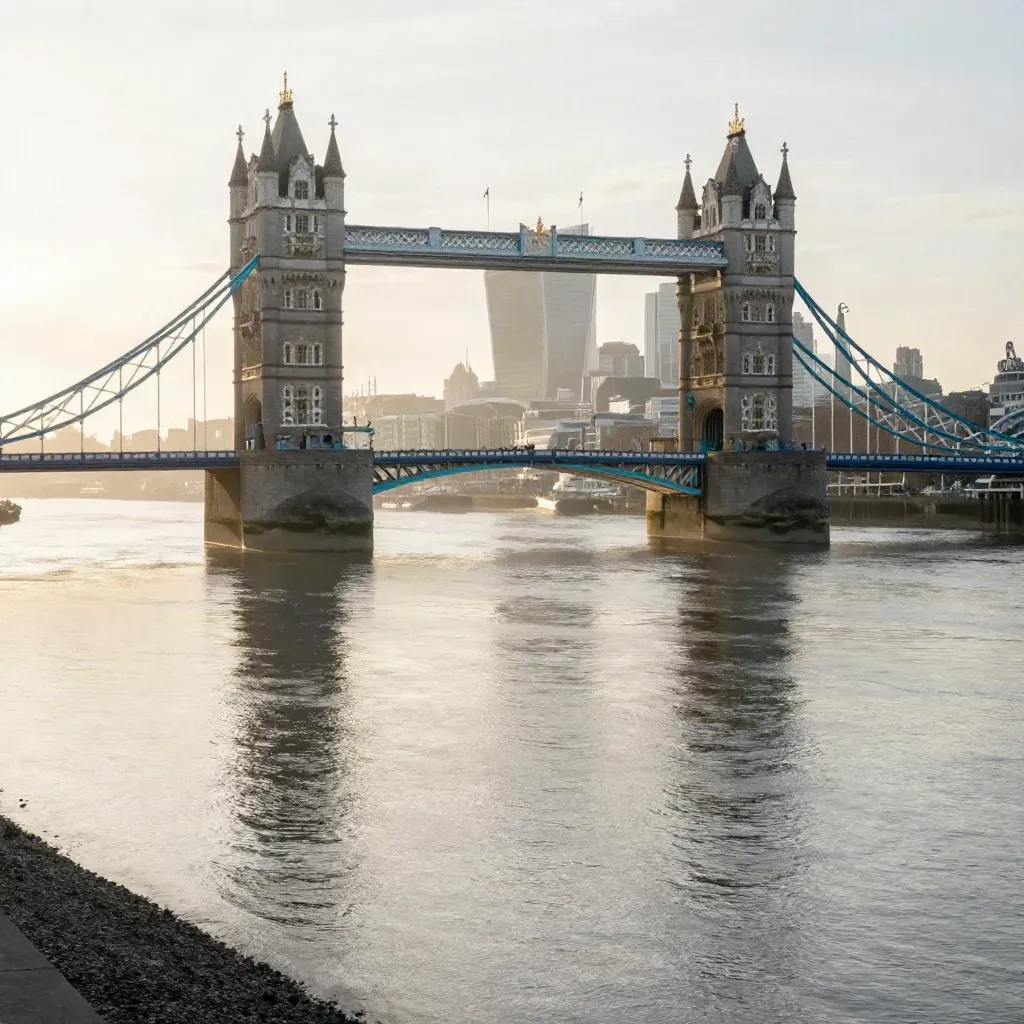 Thames skyline with Tower Bridge above calm misty river at sunrise