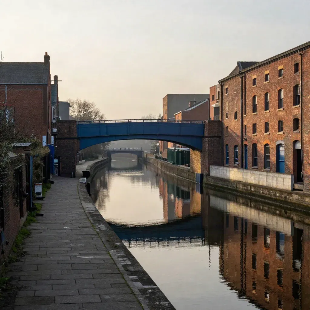 Birmingham canal panorama at golden hour with viaducts, brick warehouses and calm reflective water