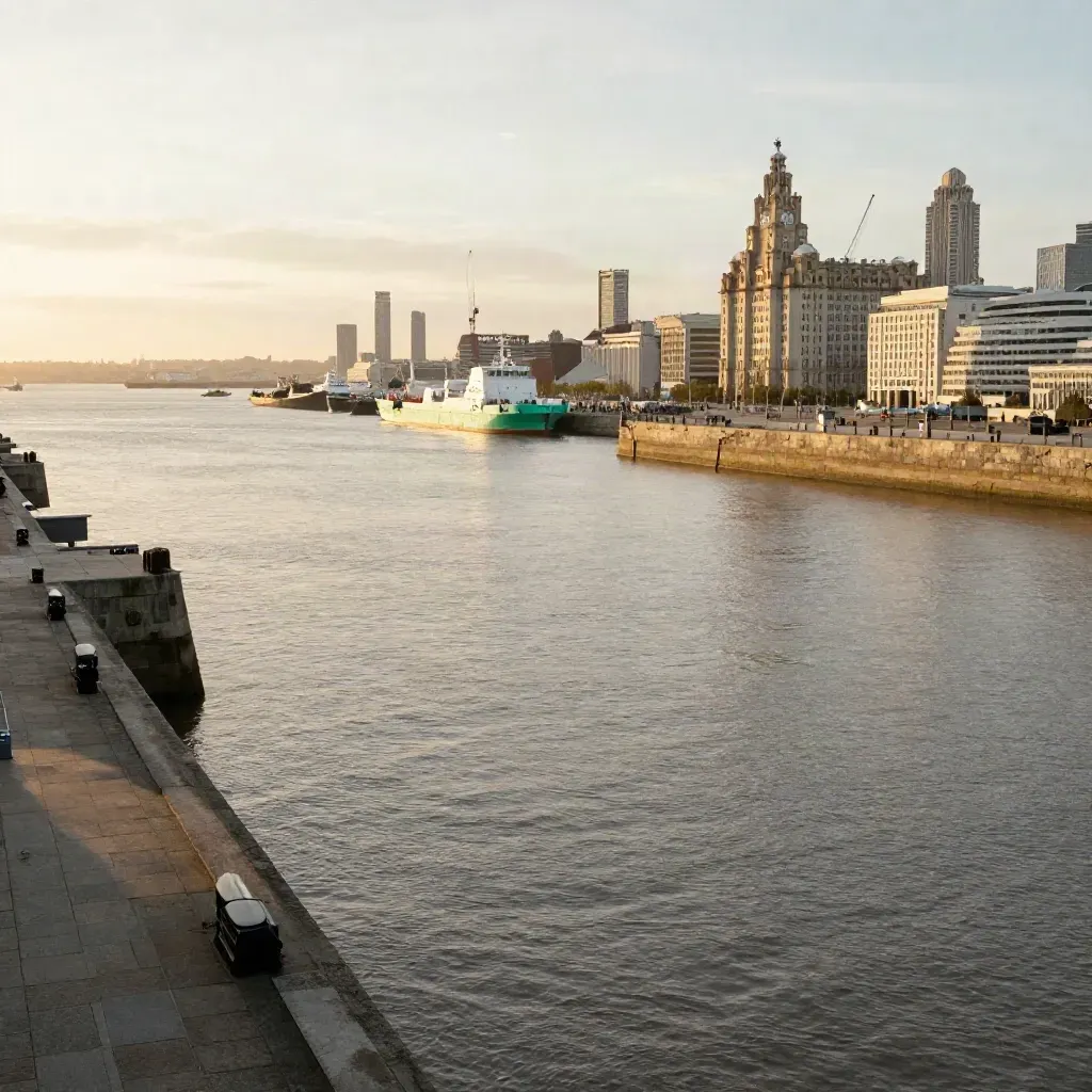 Liverpool waterfront at golden hour, Mersey haze, dock geometry, open water and hazy skyline.